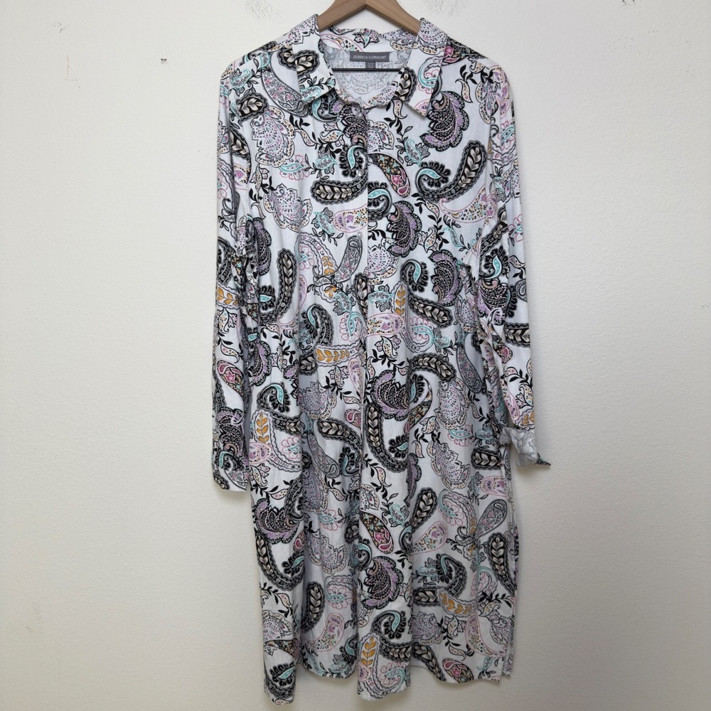Jessica London Women Linen Shirt Dress 22W White Paisley Resort Beach Vacation